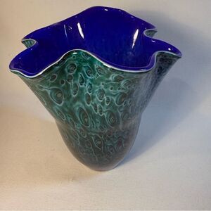 Scalloped peacock dichroic vintage art glass blue green encased vase peacock 8"